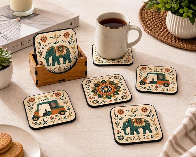 Coasters Set of 6 (4x4 Inch) with Wooden Holder - Image 2